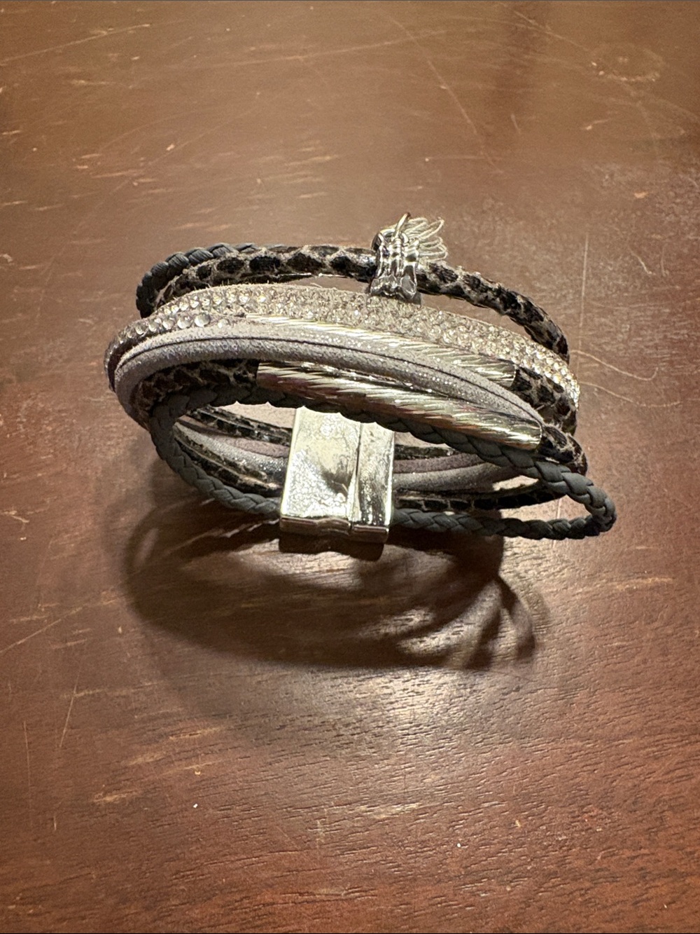 Women’s Multi-Strand Black  , animal print and Silver faux Leather Bracelet